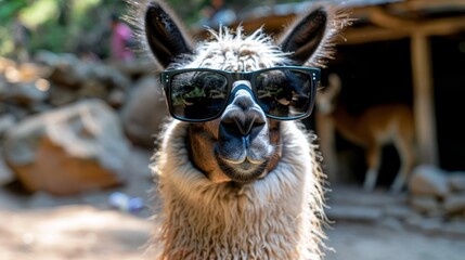 Naklejka premium A tight shot of a llama donning sunglasses, gazing directly into the camera, surrounded by a hazy backdrop of other llamas