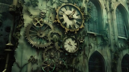 Obraz premium A whimsical clock tower where gears emerge from the walls like vines, turning slowly in rhythm
