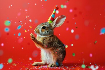 Cute rabbit in party hat surrounded by confetti on red background, celebrating joy and happiness