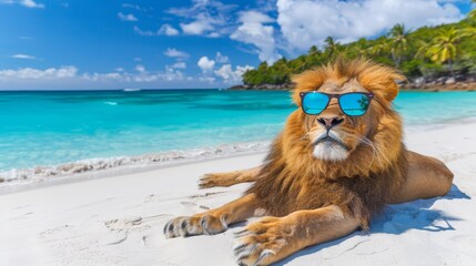  A tight shot of a lion donning sunglasses on a sandy beach Behind it, a body of water and trees...