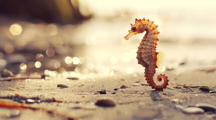   A seahorse up close on a beach by the ocean, with pebbles in focus on the sand and a blurred background of waves - Powered by Adobe