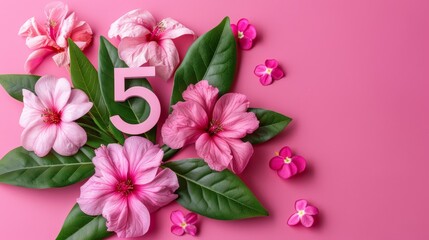   Five pink blooms and miniature pink petals and green leaves against a pink backdrop Number five encircled by smaller pink blossoms and verdant foliage
