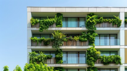 An apartment building with multiple balconies covered in lush green plants, adding a touch of nature to the urban setting.