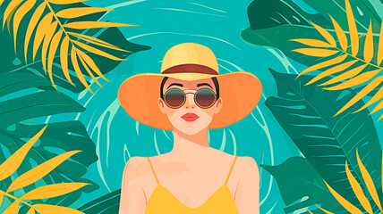 Woman wearing a beach hat on tropical background with leaves and sea water. Summer and vacation concept. Minimalist illustration.