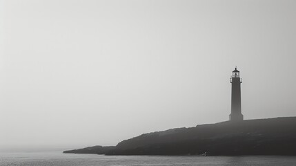 A grayscale image of a lighthouse on a rocky coast. The lighthouse is in the center of the image. The water is calm. The sky is foggy. - Powered by Adobe