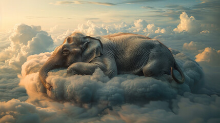 Sleepy elephant resting on a cloud mattress.