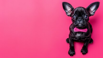   A tiny black pup in a pink bow tie sits seriously gazing into the camera against a pink backdrop