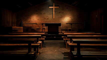   A church, dimly lit, features wooden pews and a cross atop the altar's brick back