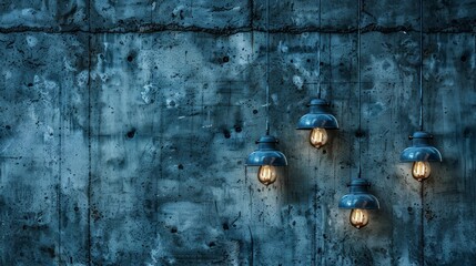   A group of lights adjacent to a wall, with a concrete background One light sits separately on another wall section