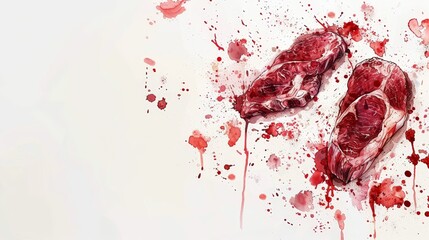   A couple of meat pieces atop a red-painted table, splattered with blood