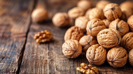   Two piles of walnuts on separate wooden tables