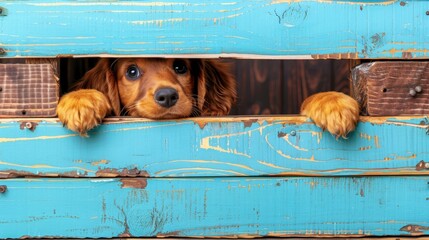   A dog gazes out of a blue window, its paws dangling from the worn wooden sill with peeling paint