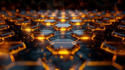 Fototapeta premium Abstract background featuring a detailed view of hexagonal shapes with glowing orange lights, symbolizing a high-tech digital network. Suitable for tech presentations, digital wallpaper.