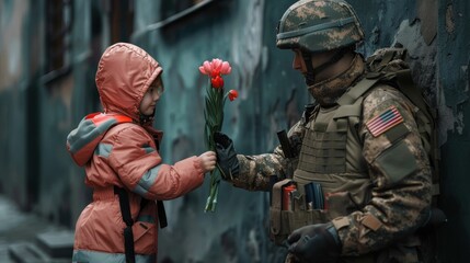 A Heartfelt Gesture Young girl offering a flower to a soldier in a touching moment of gratitude and respect
