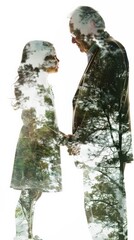 A man and a girl are holding hands in a forest