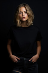 Portrait of a beautiful young woman wearing a black T-shirt and sunglasses