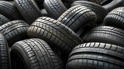 Advertisement banner for tire shop featuring pile of black rubber tires. Concept Tire Shop, Black Rubber Tires, Automotive Maintenance, Tire Replacement, Quality Service