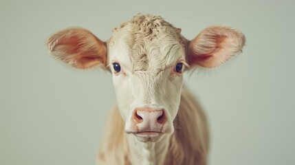   A tight shot of a cow's expressive face gazing at the camera against a backdrop of a gentle, light-hued wall