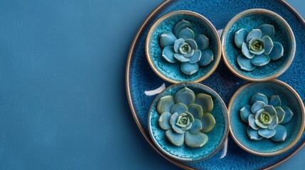   A blue table holds a blue plate bearing four succulents The scene is adjacent to a blue wall
