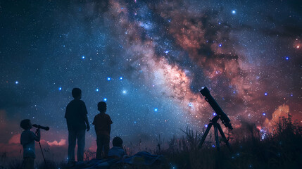 Families enjoying a photo realistic stargazing night in the backyard, exploring the cosmos together with blankets and telescopes set up for a magical experience
