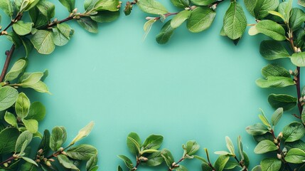   A green frame composed of leaves against a blue background, suitable for inserting text or images on cards or brochures