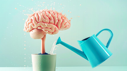 Human brain growing form a house plant pot blue watering can pouring water over it. Symbol for learning education development psychology neuroscience