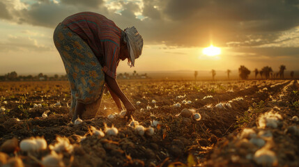 Fototapeta premium A woman is working in a field of garlic
