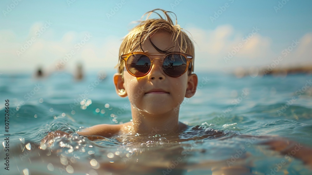 Wall mural funny young boy in sunglasses swimming in the sea, full of summer fun and splashes