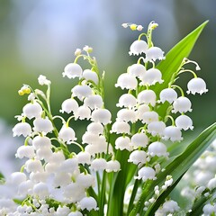In the springtime forest the delicate white flowers of the Lily of the Valley Convallaria majalis bloom gracefully