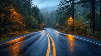 sense of mystery and intrigue, dark and winding road leading off into unknown, rain-slicked road and dark, misty create moody and atmospheric scene, way route direction guidance navigation
