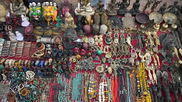 Nepal Basantapur Kathmandu Durbar Square Religeous Goods Shop Slow Motion Stabilizer L Closeup World Heritage Site