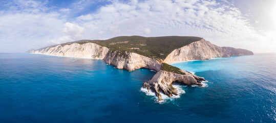 Aerial view of Lefkada island Greece. Beautiful beach unique rocky cliffs turquoise blue water bay...