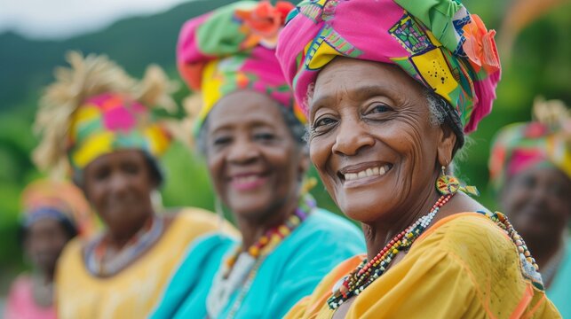 three elderly black women wearing colorful traditional caribbean turbans smile, tradition travel woman caribbean culture caribbean people