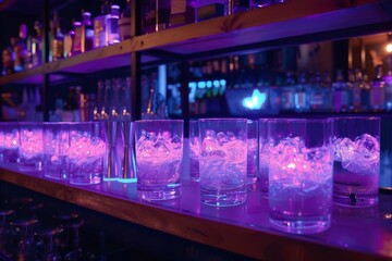An avantgarde cocktail bar where drinks glow under ultraviolet light and are served in test tubes