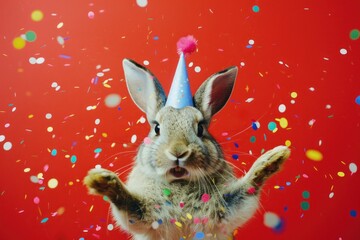 Celebrating Rabbit Cute bunny in party hat surrounded by confetti on vibrant red background