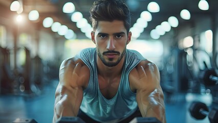 Man exercising with weights stretching muscles at the gym. Concept Fitness, Weightlifting, Exercise, Gym, Strength Training