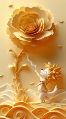 Paper art of a child reaching for a giant rose in a whimsical scene