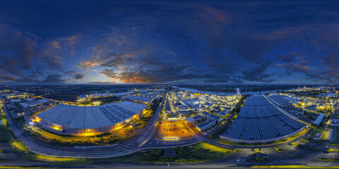 Industrial area, of Worms at Rhine River, evening aerial 360° vr environment equirectangular