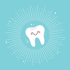 Shiny cartoon tooth. Healthy and happy tooth. Cute smiling tooth background. Vector illustration