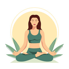 Beautiful girl with a long hair sitting in lotus pose on sun and plants background. Meditating and yoga. International yoga day. Vector illustration