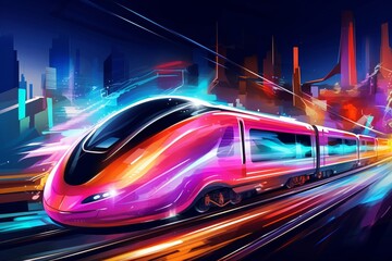 Fototapeta premium Vibrant neon lights illuminate the futuristic cityscape as a high-speed train streaks through the bustling city center, digital painting the dynamic energy of urban life.