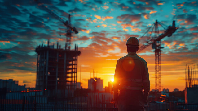 A male architect or engineer planning and reviewing blueprints while standing at a construction site in the evening light of the sunset.