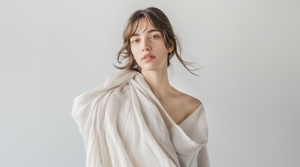 Fototapeta premium Young woman wearing clothes from natural linen and cotton fabric draped over her shoulder. Muted earthy colors. Fashion banner for clothes textile