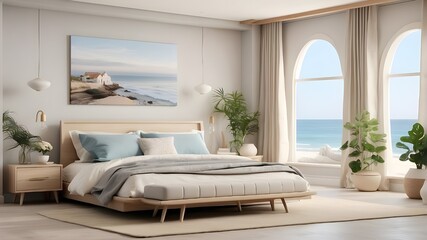 Simple bedroom design including a mock-up of a home dcor. Cozy, fashionable furnishings, a comfy bed, and a modern, AI-powered background with a coastal theme.