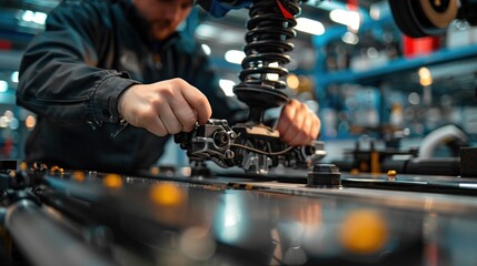 A car repair shop or wheel installation service center, adjust the car's underbody sensors and set its wheel balance before repairing wheels and suspension.