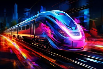 Fototapeta premium Vibrant neon lights illuminate the futuristic cityscape as a high-speed train streaks through the bustling city center, digital painting the dynamic energy of urban life.