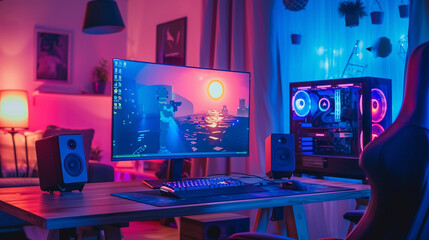 Wide gaming console table image with colorful neon busy room background, pc computer screens with headphones and accessories around