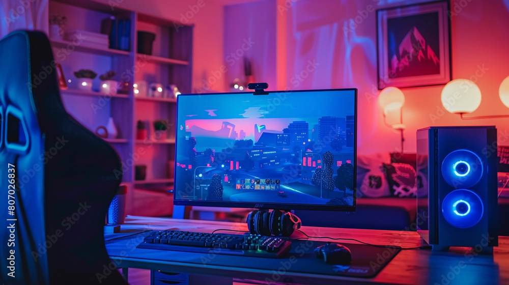 Aufkleber wide gaming console table image with colorful neon busy room background, pc computer screens with he