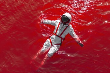 Astronaut in space suit with blood on face floating in water, concept of space disaster