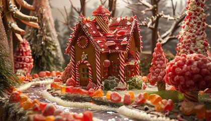 Naklejka premium An enchanted gingerbread house surrounded by edible candy cane trees and marzipan rivers